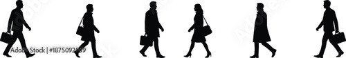 Walking business people silhouette set, side view commuters going to work, men women pedestrians, vector illustration isolated on white background.