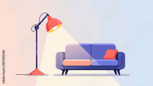 Bright red floor lamp illuminating a comfortable blue couch with an orange cushion in a cozy room