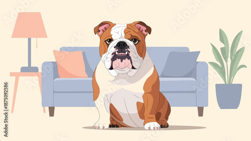 Brown and white bulldog sits centered in a simple living room with a couch, lamp, and plant