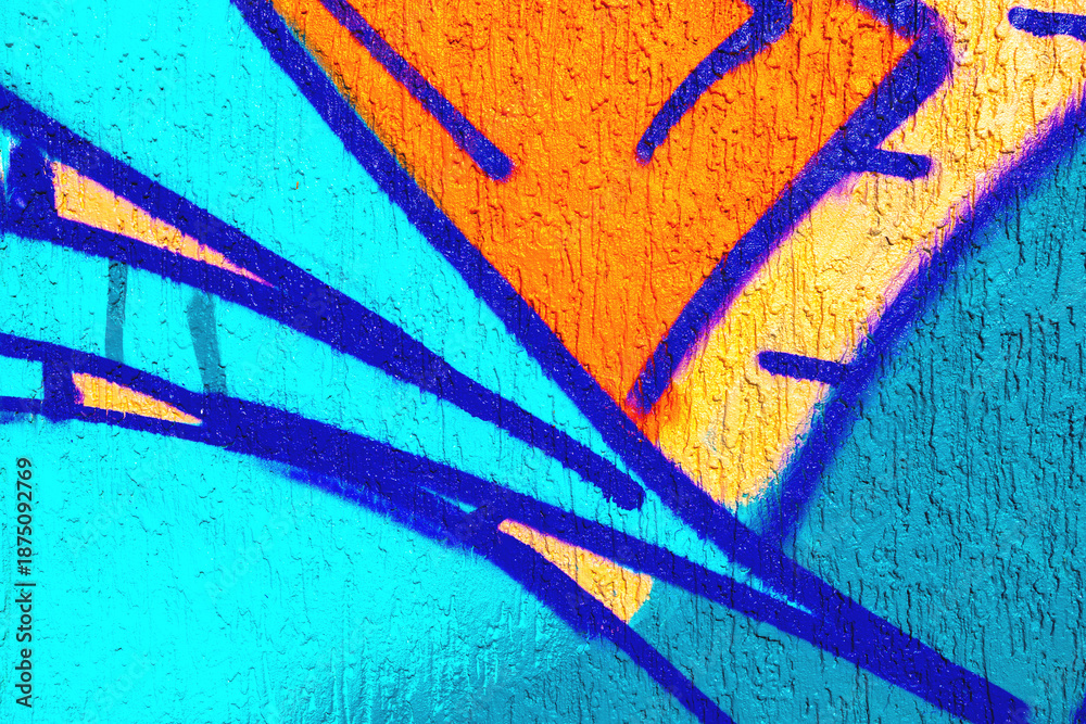 Fototapeta premium Abstract urban graffiti with bright blue, orange, yellow colors and bold purple lines. 90s street art, neon style, fluorescent glow. Street culture, murals, creative banner, urban visuals.