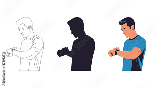 Man checking his smartwatch or fitness tracker in three styles line art, silhouette, and full color illustration