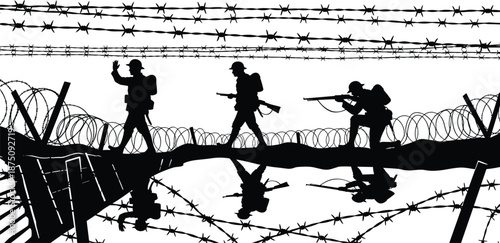 War soldiers silhouette crossing battlefield with barbed wire and rifles, military conflict scene illustration isolated vector design for history concepts