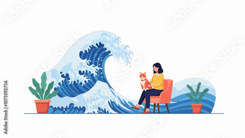Cartoon illustration of a woman petting a dog, sitting calmly beside a huge ocean wave