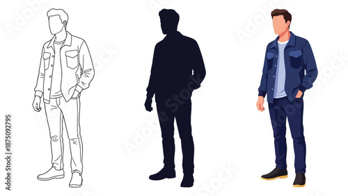 Set of three male figures line art drawing, dark silhouette, and full color illustration of a man in a denim jacket and jeans, standing