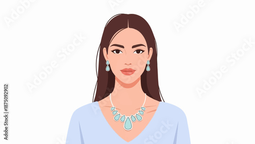 An illustrated woman with long brown hair, wearing a blue top and matching teardrop jewelry