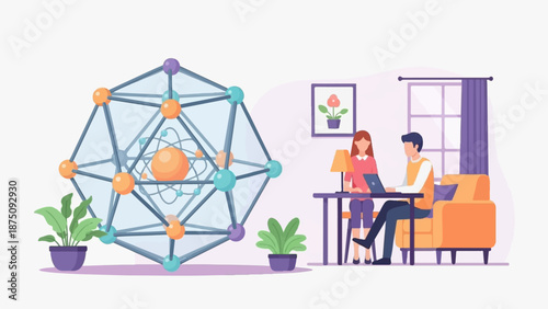 An illustration depicting a geometric atomic model juxtaposed with two people working on a laptop