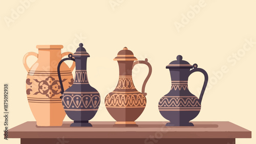 Four decorative, patterned vessels in earthy tones, arranged on a shelf against a plain background