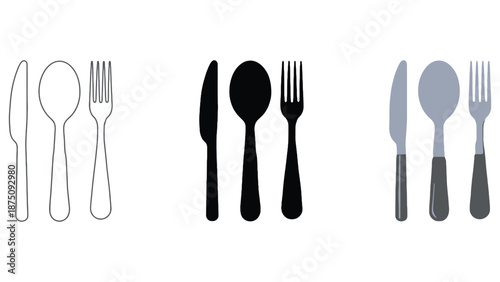 A set of three different colored utensil icons on a white background