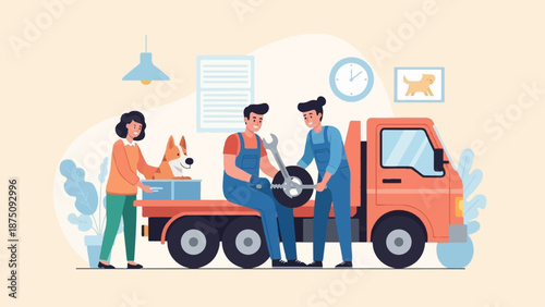 Cheerful mechanics fixing a truck wheel with a woman and dog watching, illustrating vehicle repair service