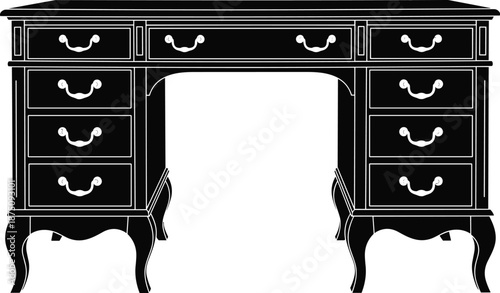 Vintage wooden writing desk silhouette illustration, classic furniture design with drawers, black white minimalist vector interior decor icon, graphic, artwork