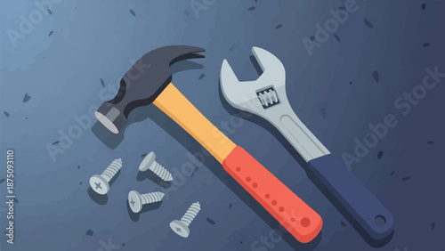 Hand tools including a hammer, adjustable wrench, and screws resting on a textured dark blue surface