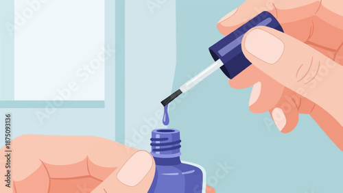 Hands opening a purple nail polish bottle, with a brush pulling out a dripping drop of polish