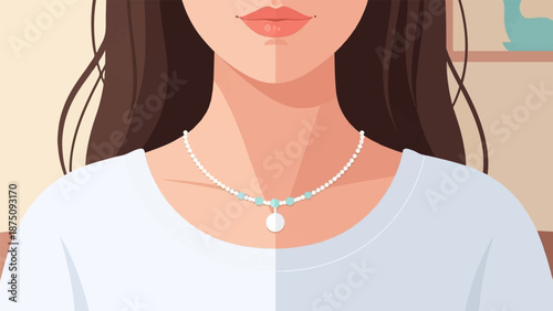 Close-up of a woman's neck and chest, wearing a pearl and turquoise bead necklace with a pendant