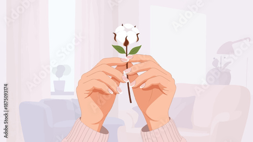 Close-up of hands gently holding a delicate cotton plant stalk against a soft, light-toned indoor background