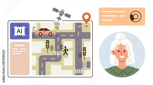 Smart cities, AI innovation, transportation systems, traffic control, navigation, human-machine interaction. AI-powered traffic map with sensors, car pedestrian satellite and smiling woman. Smart