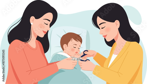 Illustrates two women carefully trimming a sleeping baby's tiny fingernails with clippers and scissors