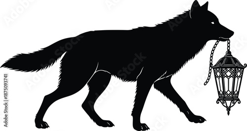 Wolf silhouette carrying lantern, mysterious wild animal night scene illustration isolated on white background fantasy vector design art