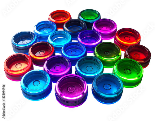 Group of neon-lit, cylindrical objects arranged in a circle