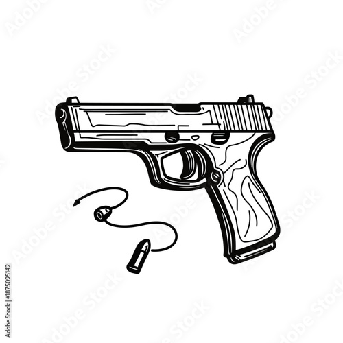 Black and white line art illustration of semi automatic handgun and two bullets detailed sketch drawing isolated on white background