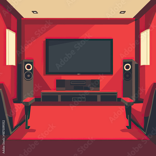Minimalist home theater room with wall-mounted flat screen TV, surround sound speakers, theater chairs, modern entertainment setup in red interior design