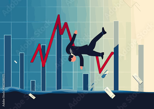 Businessman falling off sharp declining stock market graph with broken papers scattered symbolizing financial crash and investment loss risk concept