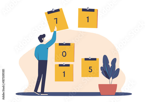 Young businessman organizing yellow sticky notes with numbers on wall prioritizing tasks flat vector illustration
