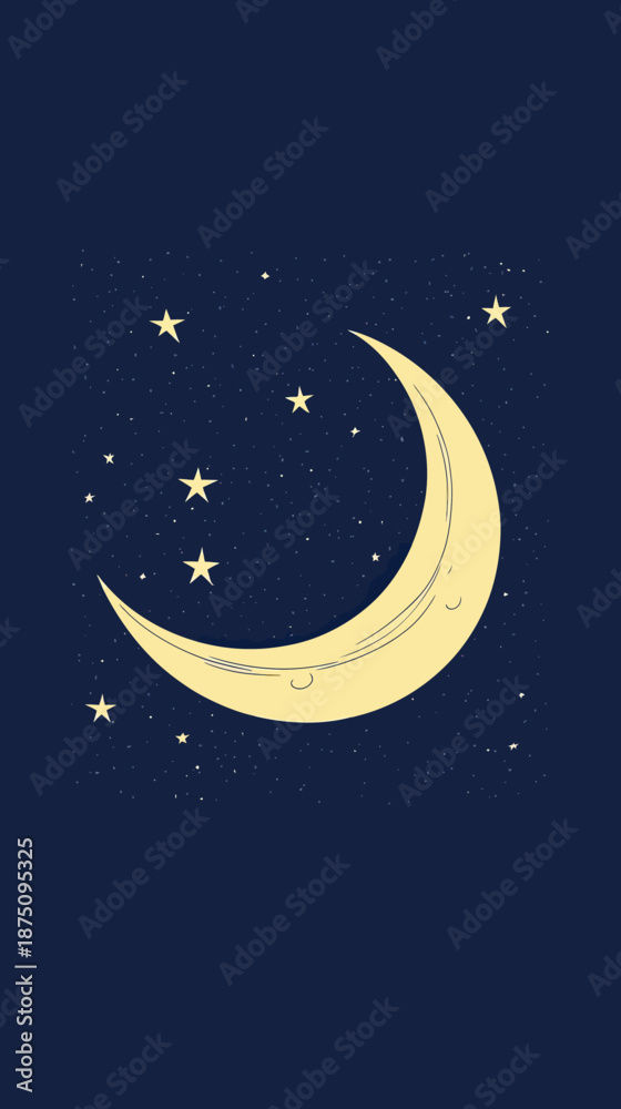 Naklejka premium Minimalist crescent moon with glowing stars on dark night sky background vector illustration in flat design style for celestial or nighttime themes