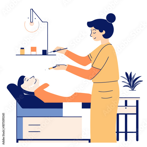 Minimalist vector illustration of woman undergoing cosmetic facial waxing treatment by esthetician in modern spa setting with plants and skincare products