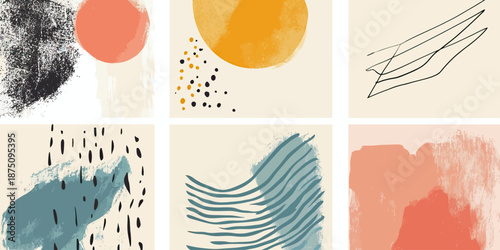 Set of six abstract minimalist brush stroke and scribble texture square compositions with organic shapes and earthy color palette for modern wall art decoration