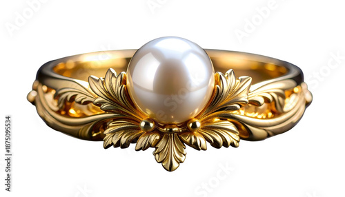 Golden ring with pearl gemstone and ornate floral engraving on black