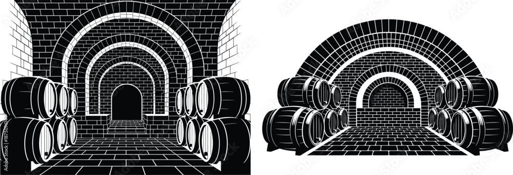 Fototapeta premium Two wine cellars with brick arches and wooden barrels, distinctive perspective illustration