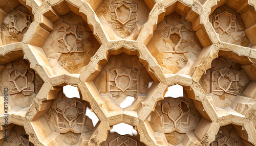 Ornate sandstone lattice with geometric patterns, intricate details
