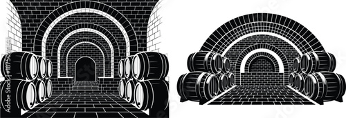 Two wine cellars with brick arches and wooden barrels, distinctive perspective illustration