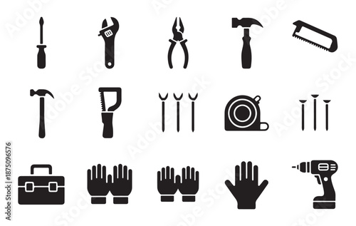 Industrial construction tools collection with hammer drill saw pliers and safety gear black icons