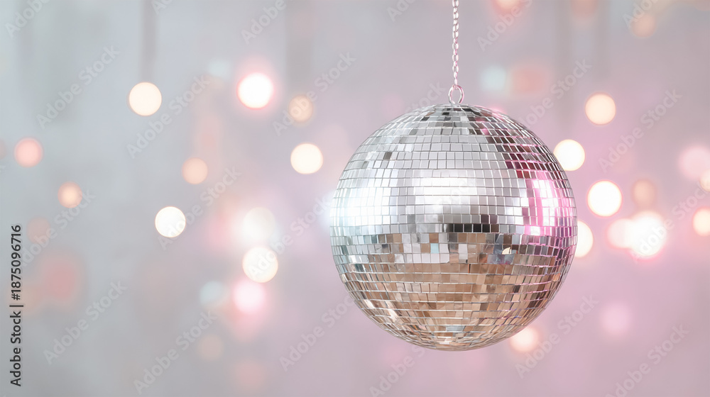 Obraz premium Sparkling disco ball hanging against a soft bokeh background with warm lights
