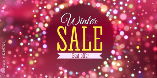 Horizontal winter sale banner with colorful bokeh lights creating a festive glowing atmosphere. Bright modern design perfect for online advertising, website headers, social media promotions and season