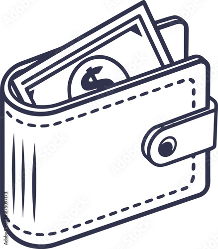 Wallet Filled with Cash: A detailed monochrome illustration showcases a stylish wallet, elegantly holding a stack of currency notes, epitomizing the essence of personal finance and economic stability.