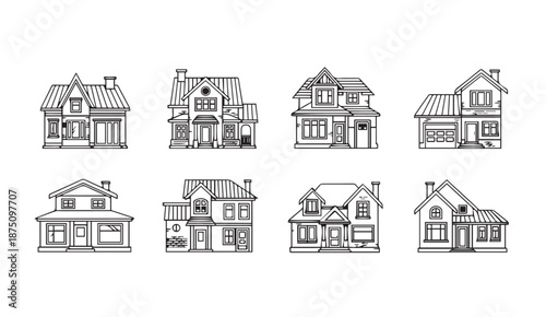 Set of eight modern house designs with various architectural styles and details silhouette