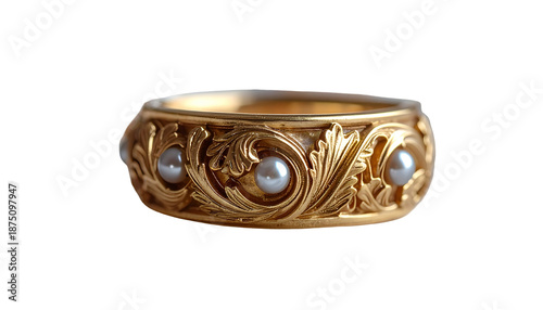 Ornate gold ring with carved leaves and inlaid pearls