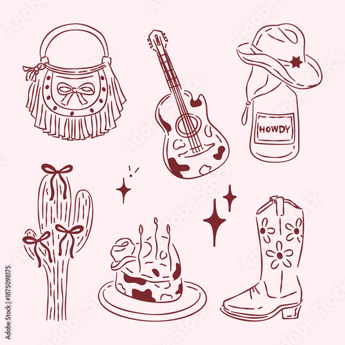 Hand drawn cowgirl aesthetic line art set with boots, hat, guitar, cactus and cute western elements.