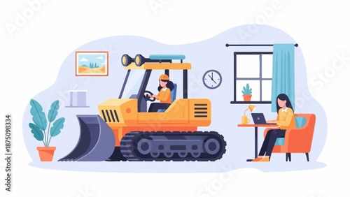 Illustration of two women balancing work one operating a bulldozer, another remote working on laptop