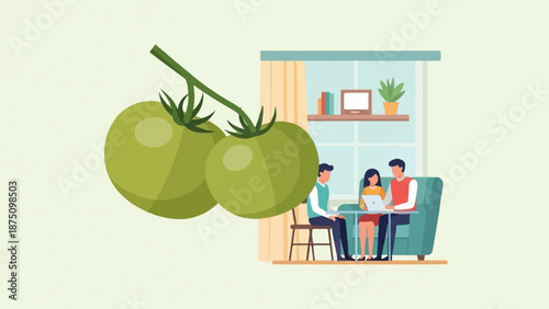 Illustration two large green tomatoes on a vine, with three people working in a room with a window
