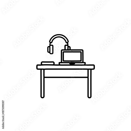 Outline icon of a freelancer workspace, Desk, laptop and headphones.