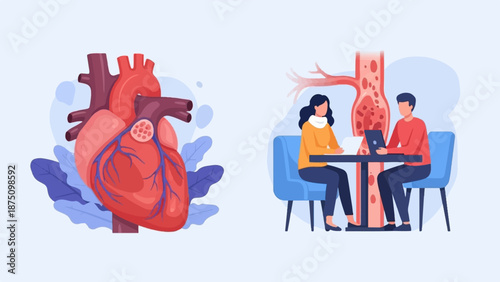 Illustrations of a human heart, a clogged artery, and two individuals working on laptops related to health