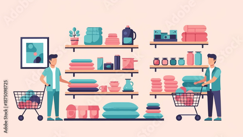 Two people shop in a store aisle with shelves displaying various household items like textiles and dishes