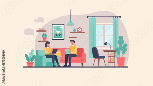 Two people work on devices in a modern, plant-filled living room with a couch, shelves, and window