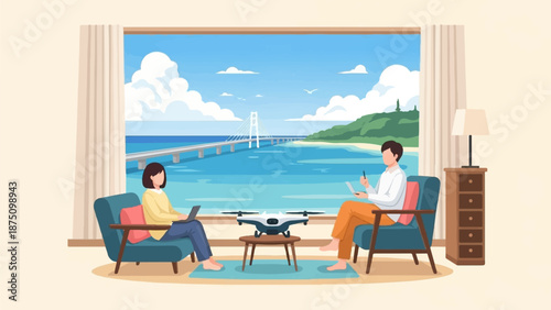 Two people with laptops and a drone in a room with a window view of a beautiful sea bridge