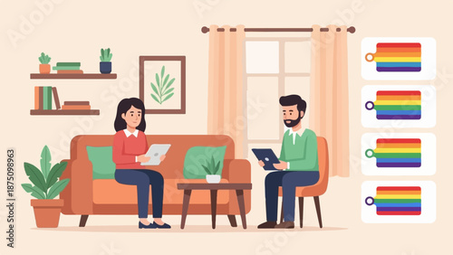 Two people with tablets in a cozy living room, next to rainbow flag keychains on a light background