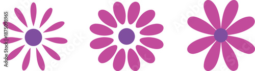 set of three purple flower icons vector with rounded petals and center representing nature, beauty, and floral design in minimal style