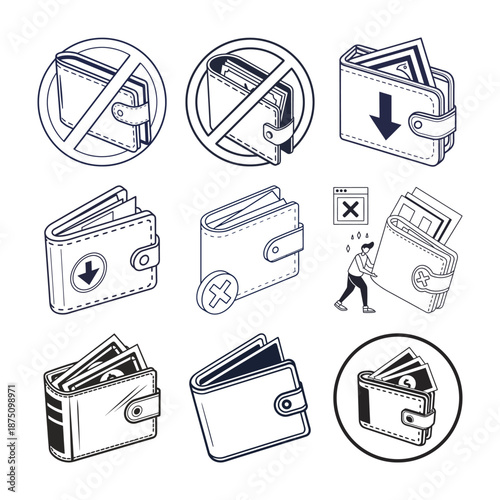 Digital Wallets and Monetary Symbolism: A collection of meticulously crafted line art illustrations features digital wallet designs with corresponding monetary symbols.